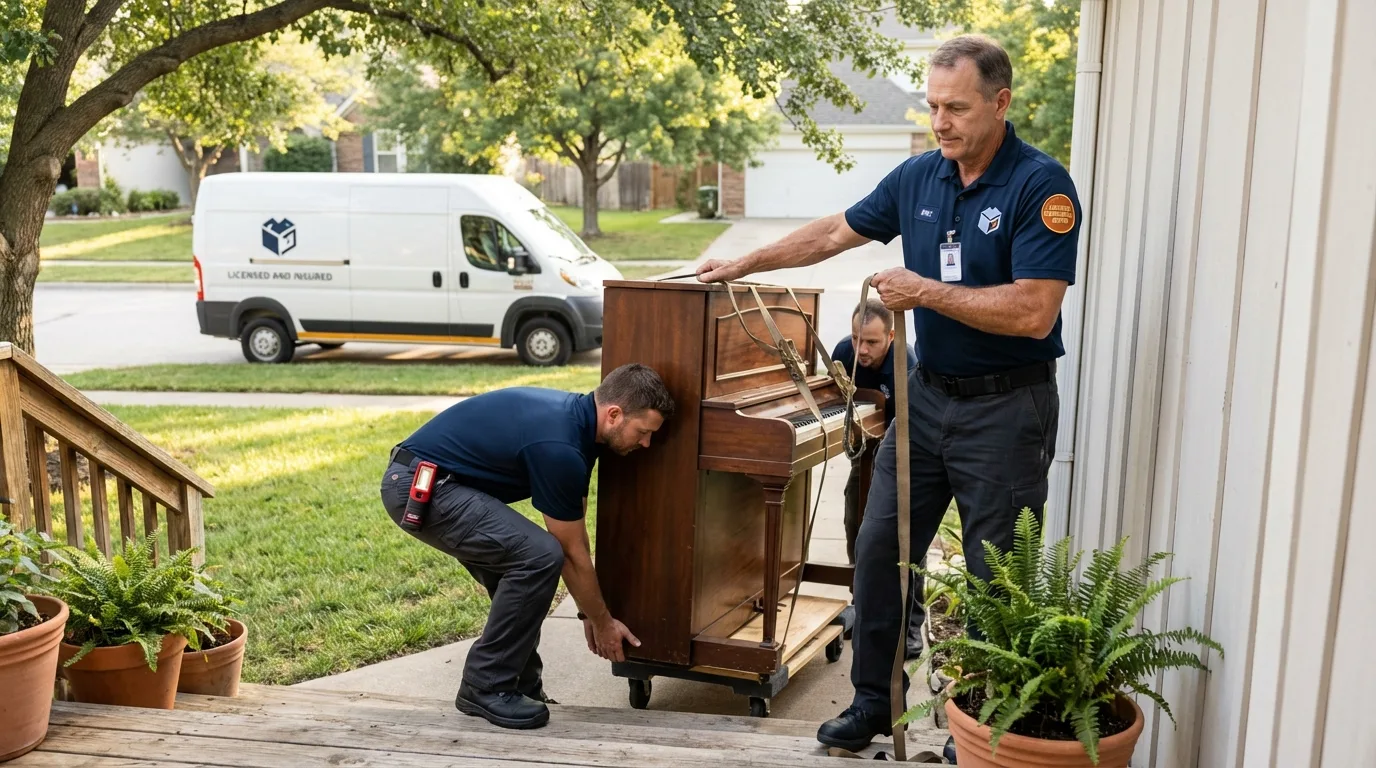 Licensed piano movers securing grand piano in Johnston, RI
