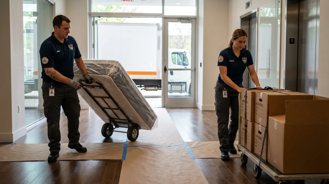 Professional apartment movers loading elevator in Johnston, RI