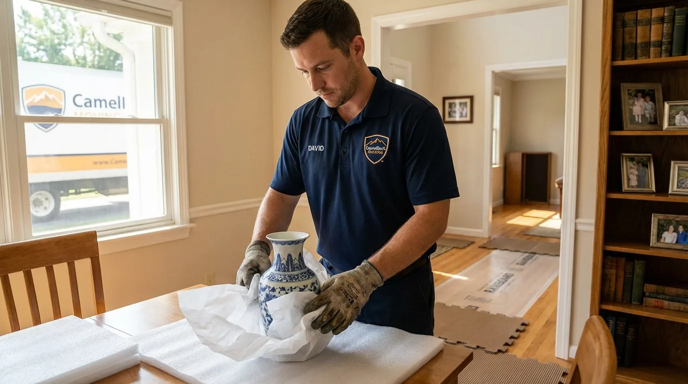 Professional crew carefully wrapping antique vase for senior downsizing move in Johnston, RI